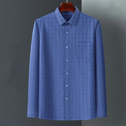 Bamboo Fiber Mens Business Shirt Long Sleeve Casual Plaid Print Stripe Fashion Anti-Wrinkle Button Up Social Oversized S-7XL 5XL