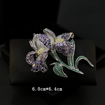 Luxury Handmade Iris Flower Brooch Sparkling Purple Zircon Vintage Lapel Pin Women Suit Coat Wedding Party Daily Jewelry Gift