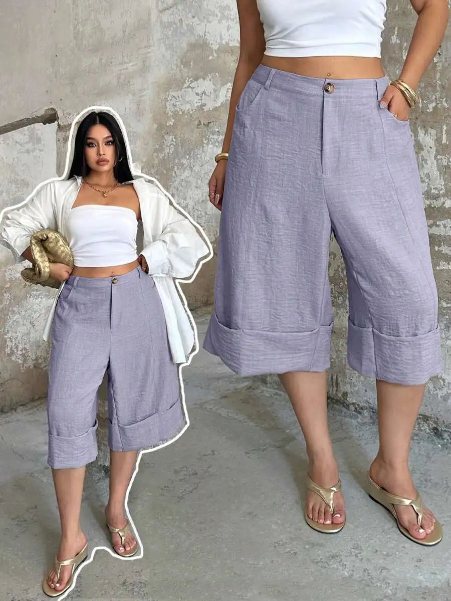 POPSWAY New Elegant Fashion Casual Design Cuffed Hem Capri Length High Waist Wide Leg Pants