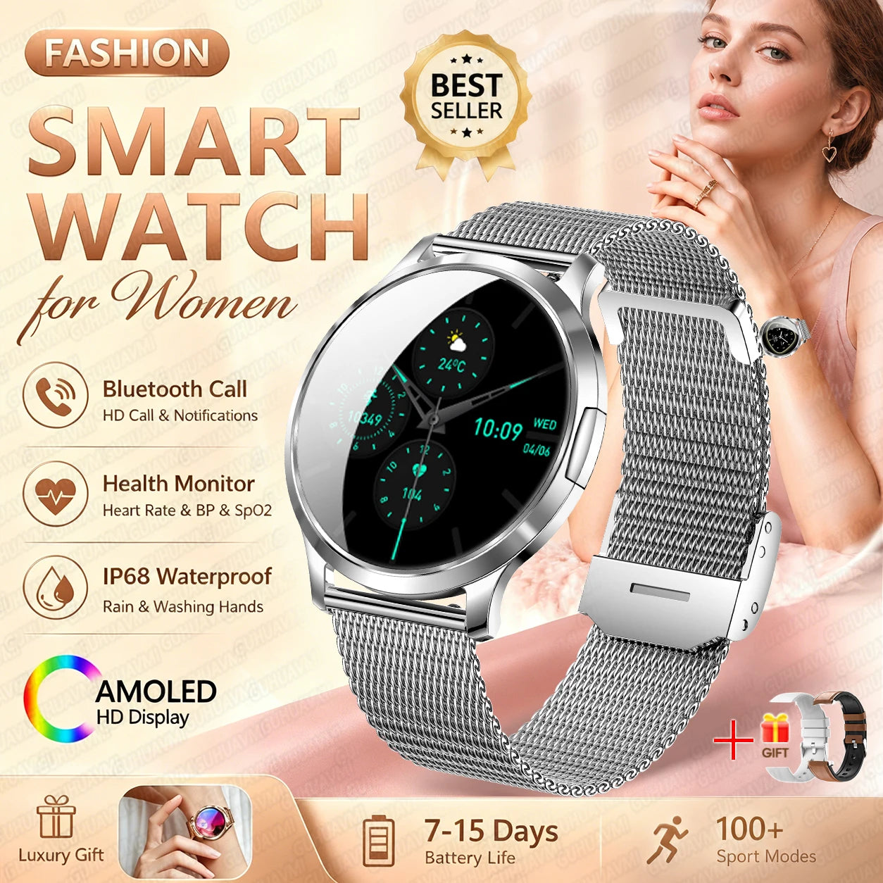 Fashion Women Smart Watch 1.32”AMOLED 100+dials Heart Rate Blood Oxygen Blood Pressure Monitoring Waterproof Give a Gift 2026New