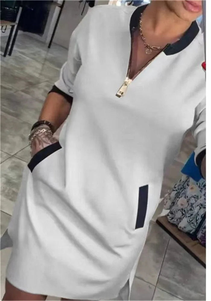 2024 Women's Dress V-neck Zipper Three-quarter Sleeve Elegant Casual Dress New Women's Leisure Suit