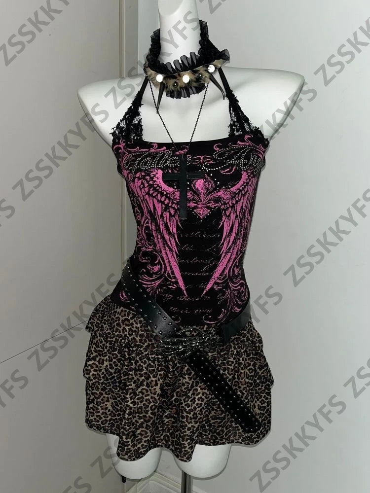 Hot Girl Goth Crop Tanks Streetwear Tube Tops Grunge 2000s Y2k Clothes Sexy Lace Straps Camisole Himekaji Letter Punk Woman Vest