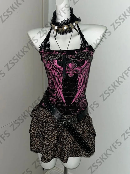 Hot Girl Goth Crop Tanks Streetwear Tube Tops Grunge 2000s Y2k Clothes Sexy Lace Straps Camisole Himekaji Letter Punk Woman Vest