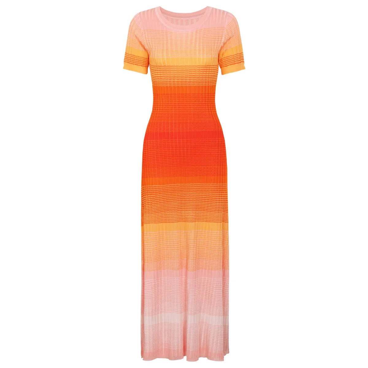 ZJYT Summer Women Fashion Long Knit Dress Gradient Color Short Sleeve Elegant Holiday Casual Dresses Blue Orange Vestidos Lady