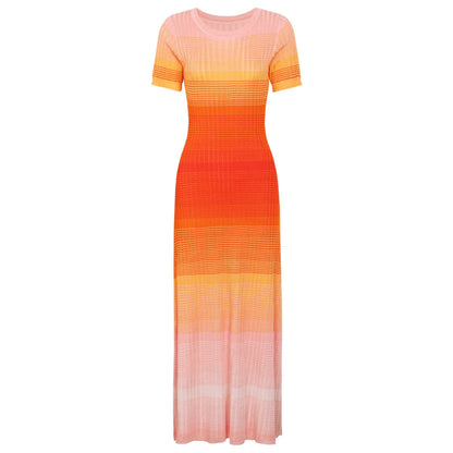 ZJYT Summer Women Fashion Long Knit Dress Gradient Color Short Sleeve Elegant Holiday Casual Dresses Blue Orange Vestidos Lady