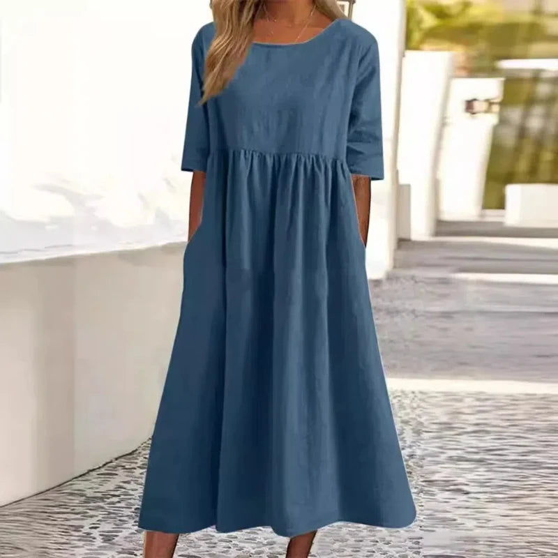 Summer New Cotton and Linen Casual Short Sleeve Pocket Fold Loose Round Neck Women's Dress 300