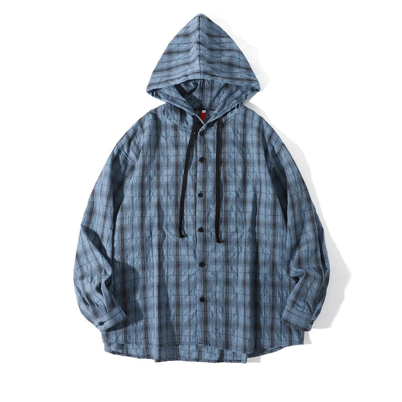 Unisex Oversized Hooded Flannel Style Plaid Mens Shirt Jacket Long Sleeve Button Down Casual Lightweight Jacket for Spring Fall