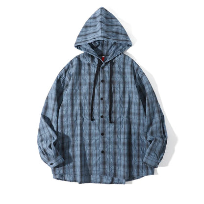 Unisex Oversized Hooded Flannel Style Plaid Mens Shirt Jacket Long Sleeve Button Down Casual Lightweight Jacket for Spring Fall