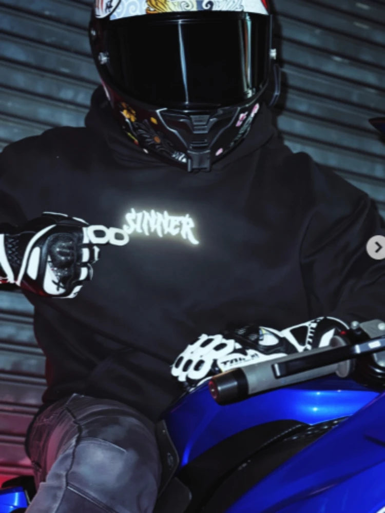 Mens Gothic Sinner Letter Print Reflective Hoodie Streetwear Unisex Hooded Sweatshirt Y2K Punk Hip Hop Loose Pullover Top New