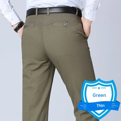 Men's Office Business 100% Cotton Pants Summer Thin & Autumn Thick High Waist Straight Loose Solid Bland Suit Slacks GOZBKF