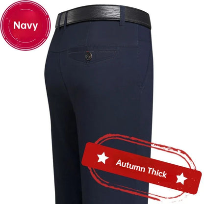 Men's Office Business 100% Cotton Pants Summer Thin & Autumn Thick High Waist Straight Loose Solid Bland Suit Slacks GOZBKF
