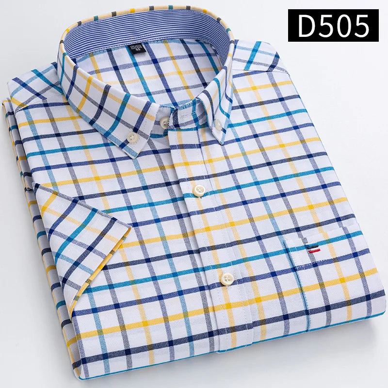 New Men's Social Shirt Short Sleeve 100% Pure Cotton Oxford Soft Buttoned Plaid Formal Male Clothes Pocket Social Shirt S-7XL