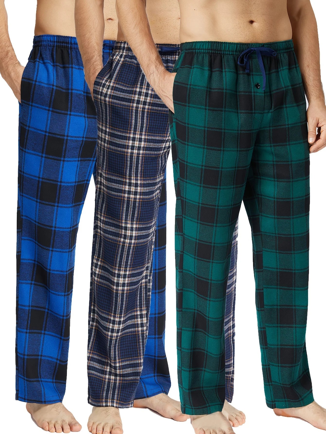 3pcs Men's Pajama Bottoms Autumn/Winter Flannel Plaid Loose Trousers Warm Homewear Pants Male Soft with Pockets Sleepwear