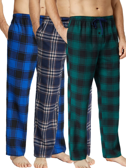 3pcs Men's Pajama Bottoms Autumn/Winter Flannel Plaid Loose Trousers Warm Homewear Pants Male Soft with Pockets Sleepwear
