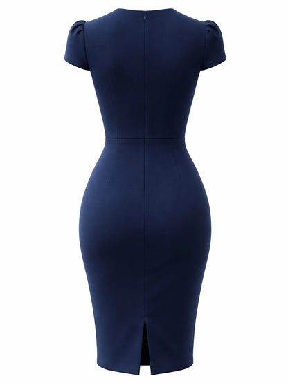 Women Elegant Cap Sleeve V-Neck Sexy Slim Knee Length Cocktail Party Vestidos Sheath Bodycon Pencil Dress