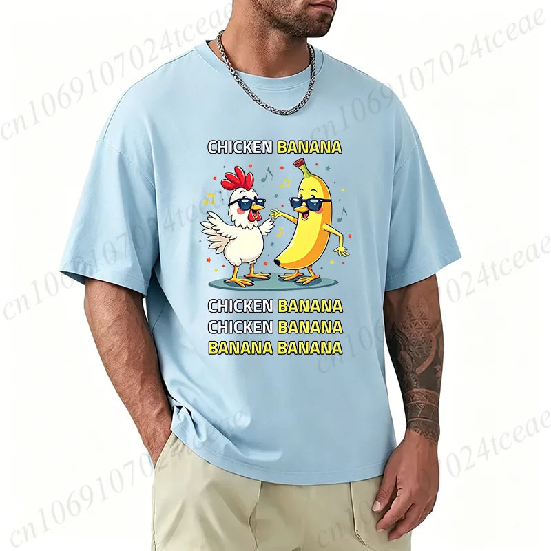 Unisex Chicken Banana Meme T Shirt Funny Cartoon Chicken Banana with Sunglasses Graphic Tee Music Short Sleeve Oversized Tops