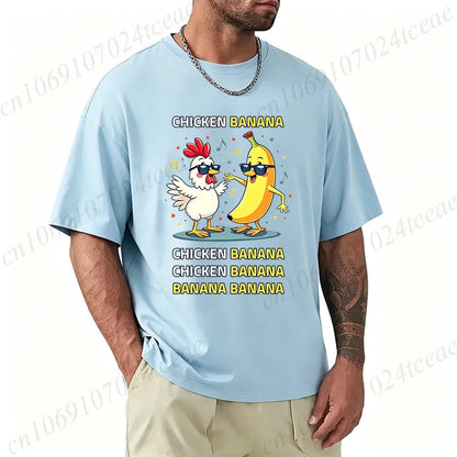 Unisex Chicken Banana Meme T Shirt Funny Cartoon Chicken Banana with Sunglasses Graphic Tee Music Short Sleeve Oversized Tops