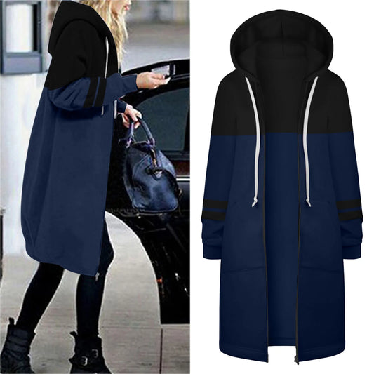 Women's Warm Zipper Long Outwears Solid Color Loose Fit Drawstring Sweatshirt Coat for Women