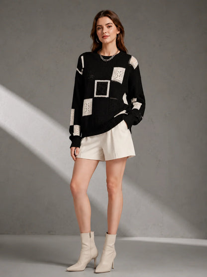 Color Block Square Patchwork Knit Sweater for Women, Hollow Cable Knit Crew Neck Long Sleeve Pullover, Loose Drop Shoulder Casual Jumper for Fall Winter