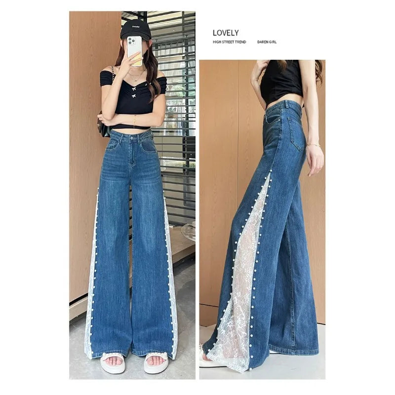 Tennis Lace Pearl Wide Leg Jeans for Women2025New summer thin style fashionable loose hollow straight-leg pants