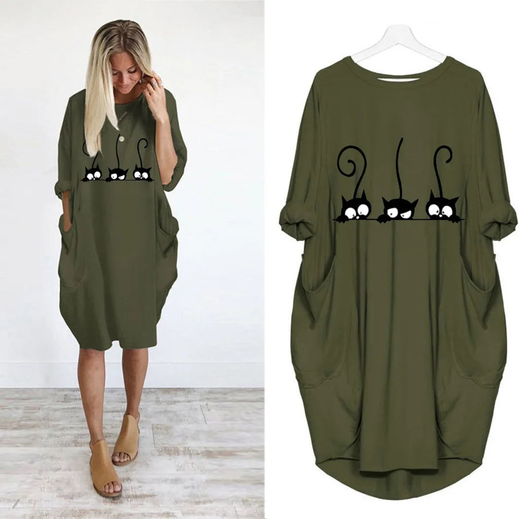 Women's Loose  Long Sleeved Summer Plus Size Dress Autumn  Winter Casual Round Neck Solid Color Long Sleeve Pocket Loose Pullove