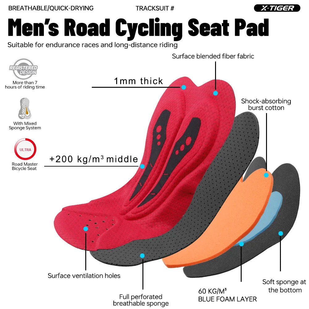 X-TIGER Cycling Bib Shorts Man 7-hour Racing Foam Cushion 2026 Summer Brown Biking Shorts Hommes MTB Long-Distance Training Clothing With Pockets