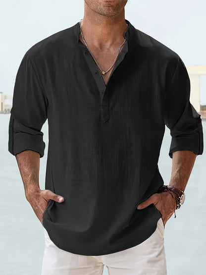 Men's Linen Stand Collar Long Sleeve T-Shirt Loose Fit; Solid Color Long Sleeve Cotton Linen Shirt
