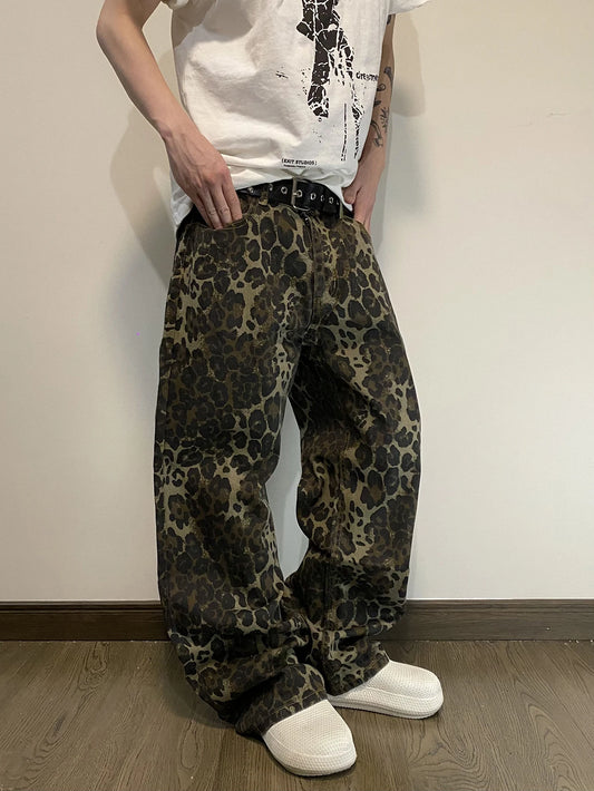 UP.THE Men Vintage Leopard Print Baggy Wide Leg Jeans, Y2K Oversized Loose All Over Graphic Denim Pants, Retro Grunge Streetwear Trousers for Daily Outfits