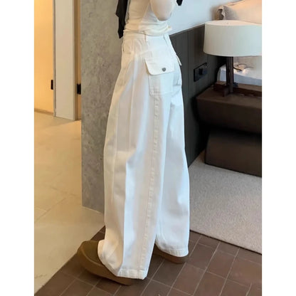 White Wide Leg Cutlass Jeans Women's Spring New Loose Straight Leg Long Denim Trousers Casual Streetwear Y2K Style Pants