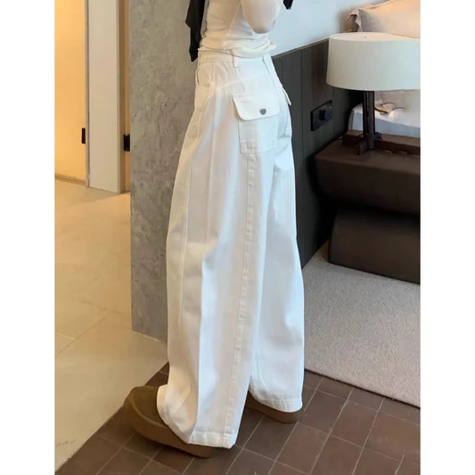 White Wide Leg Cutlass Jeans Women's Spring New Loose Straight Leg Long Denim Trousers Casual Streetwear Y2K Style Pants