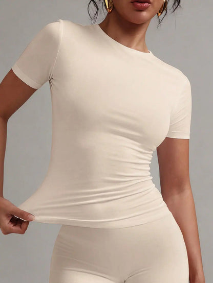 Women's White Solid Round Neck Short Sleeve Fitted T-Shirt for Summer Casual Wear
