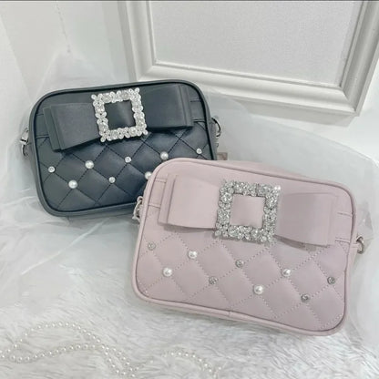 Sweet Knot Pearl Oulder Crossbody Bag Diamond Id Pattern Small Square Bag Faionable for Young Women Pearl Shoulder Rhinestones