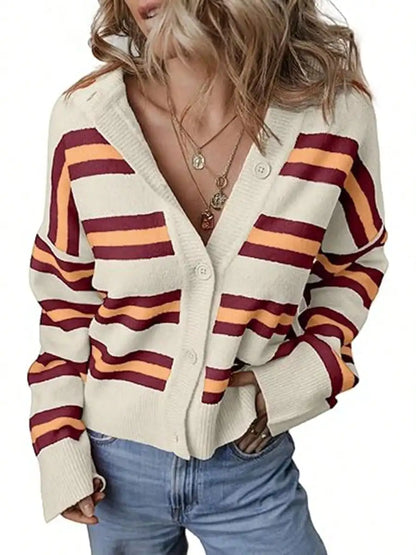 Womens Long Sleeve Cropped Striped Chunky Knit Cardigans Sweaters Long Sleeve Lightweight Open Front Button Tops Outfits