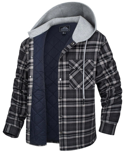 MAGCOMSEN Men's Hooded Flannel Jacket Cotton Autumn Winter Warm Coat Long Sleeve Plaid Shirt