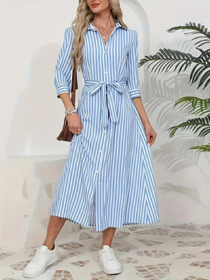 Women Blue White Vertical Striped Shirt Midi Dress 2026 New Turn Down Collar Button Front Belt Waist Tie Waist 3/4 Sleeve Split