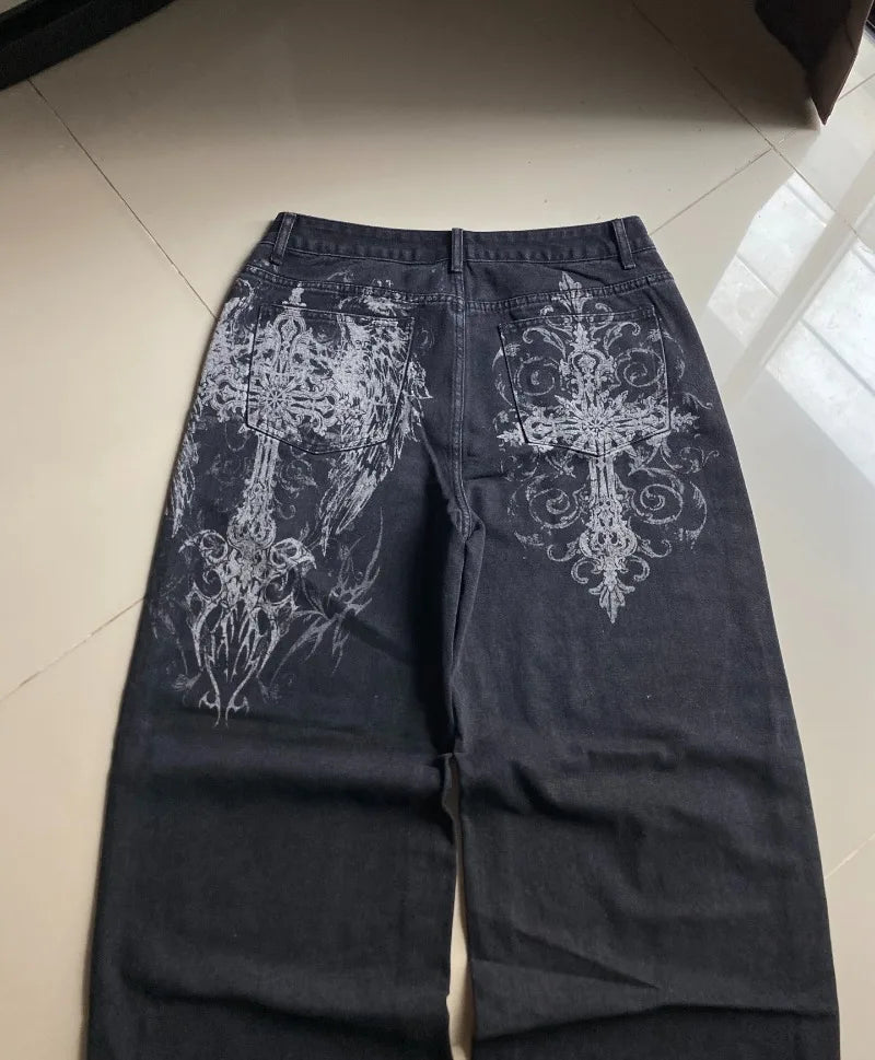 Streetwear New Casual Joker Geometric Print Baggy Jeans Female Y2K Gothic Hip Hop Popular Straight Wide-leg Trousers