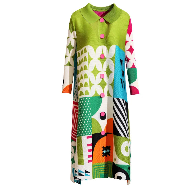 Miyake Pleated Dress Women 2024 Spring New High-End Design Sense Printing Lapel 3/4 Sleeve Single-breasted Fashion Shirt Dresses