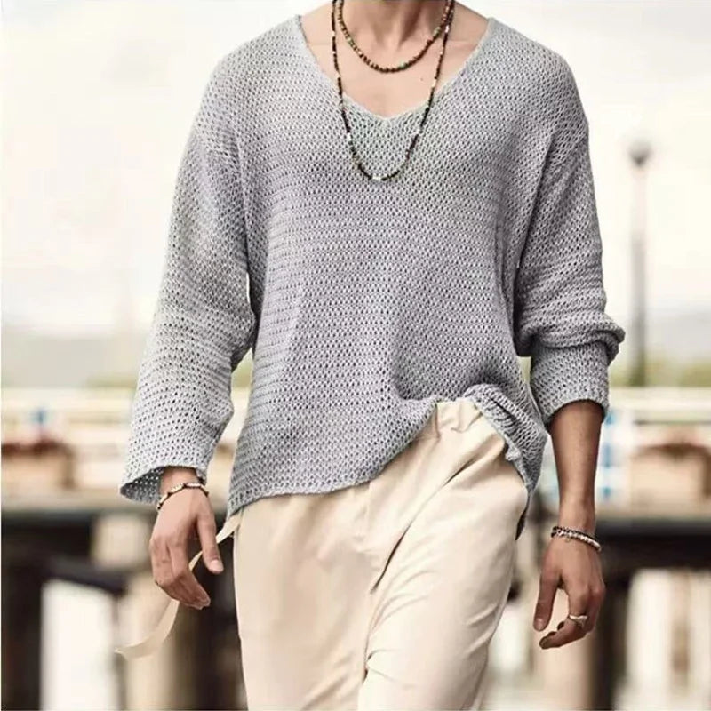 Men's Loose Long Sleeve Casual Hollow Knitted Sweater 2025 Fashion Versatile Outer Shirt Casual Top