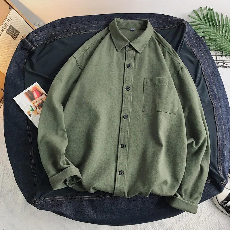Heavy duty pure cotton shirt men's long sleeved ins trendy loose jacket for spring inner wear casual workwear shirt