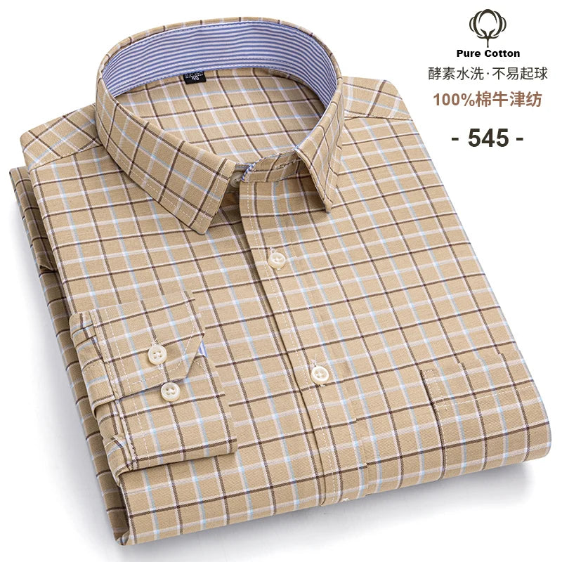 Men's Social Shirts Long Sleeve 100%Pure Cotton Oxford Buttoned Plaid Formal Male Casual Clothes Oversized Shirt Plus Size S-7XL