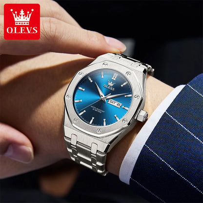 OLEVS Watches For Men Stainless Steel Strap Waterproof Luminous Dual Calendar Business Wristwatch Original Quartz Man Watch 3726
