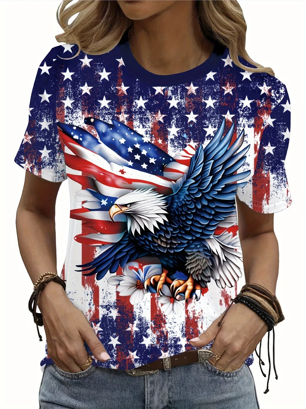 Women's American Flag & Bald Eagle Print T-Shirt Casual Short Sleeve Crew Neck Patriotic Graphic Tee for Summer