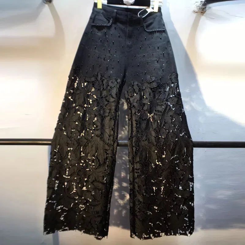 New Summer Denim Patchwork Hook Flower Hollow Lace Straight Leg Wide Leg Pants Casual High Waist Heavy Embroidery Rhinestone