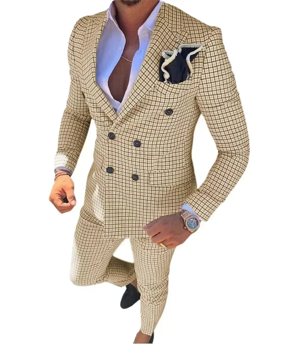 Plaid Suit Elegant Man Suit Dress for Men Regular Suit with Vintage Notch Lapel  Stage Costume Evening Party Summer Beach