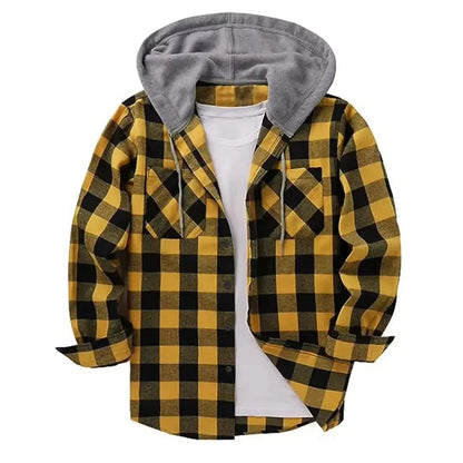 2026 Men's Flannel Shirt Jackets Classic Plaid Loose Casual Hooded Coats Double Pockets Button-up