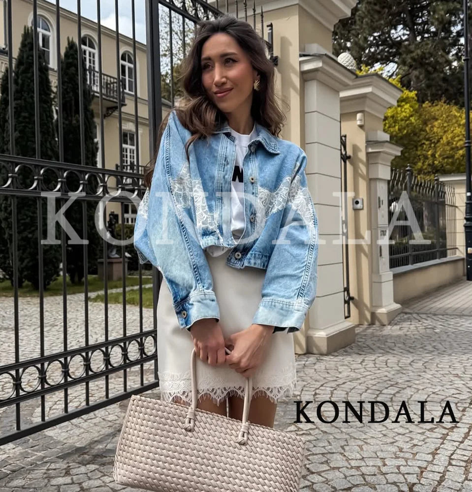 KONDALA Leisure High Street Denim Lace Jacket Women Elegant Trendy Bomber Jacket New 2026 Spring Fashion Ladies Buttons Jacket