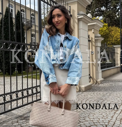 KONDALA Leisure High Street Denim Lace Jacket Women Elegant Trendy Bomber Jacket New 2026 Spring Fashion Ladies Buttons Jacket