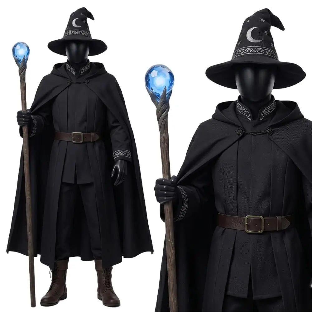 Halloween Cosplay Wizard Cloth Top Pants Cloak Hat Red Grey Black Party Disguise Roleplay