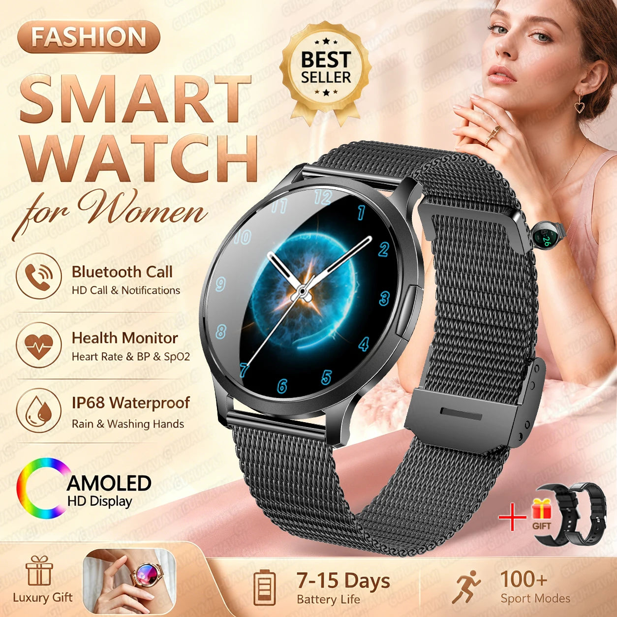 Fashion Women Smart Watch 1.32”AMOLED 100+dials Heart Rate Blood Oxygen Blood Pressure Monitoring Waterproof Give a Gift 2026New