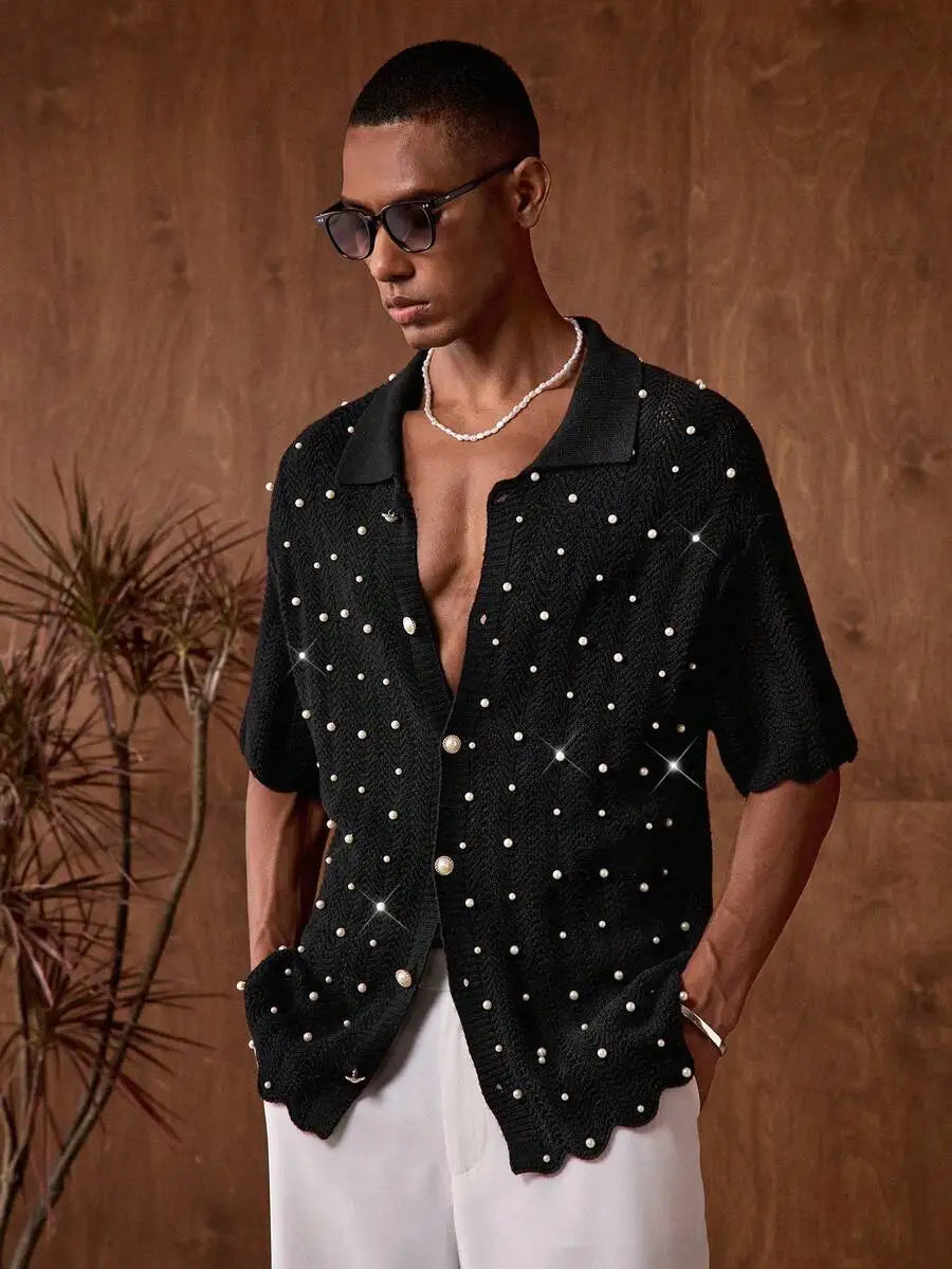 Mens Black Knitted Pearl Decor Casual Shirt Short Sleeve Button Up Summer Party Wear